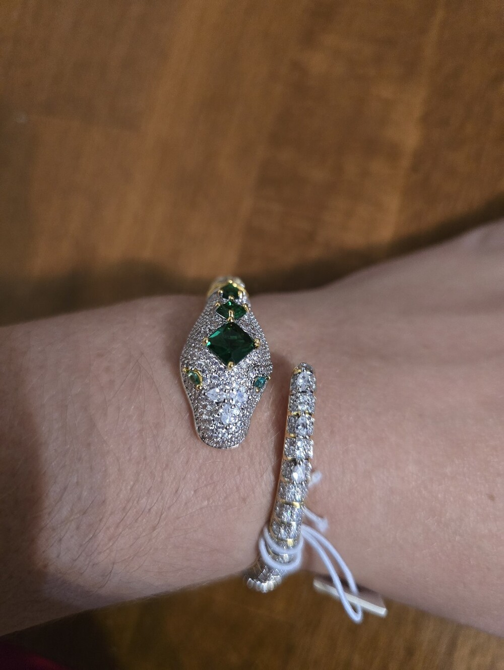 Gold Snake-Style Pavé Cuff Bracelet with Emerald Accents